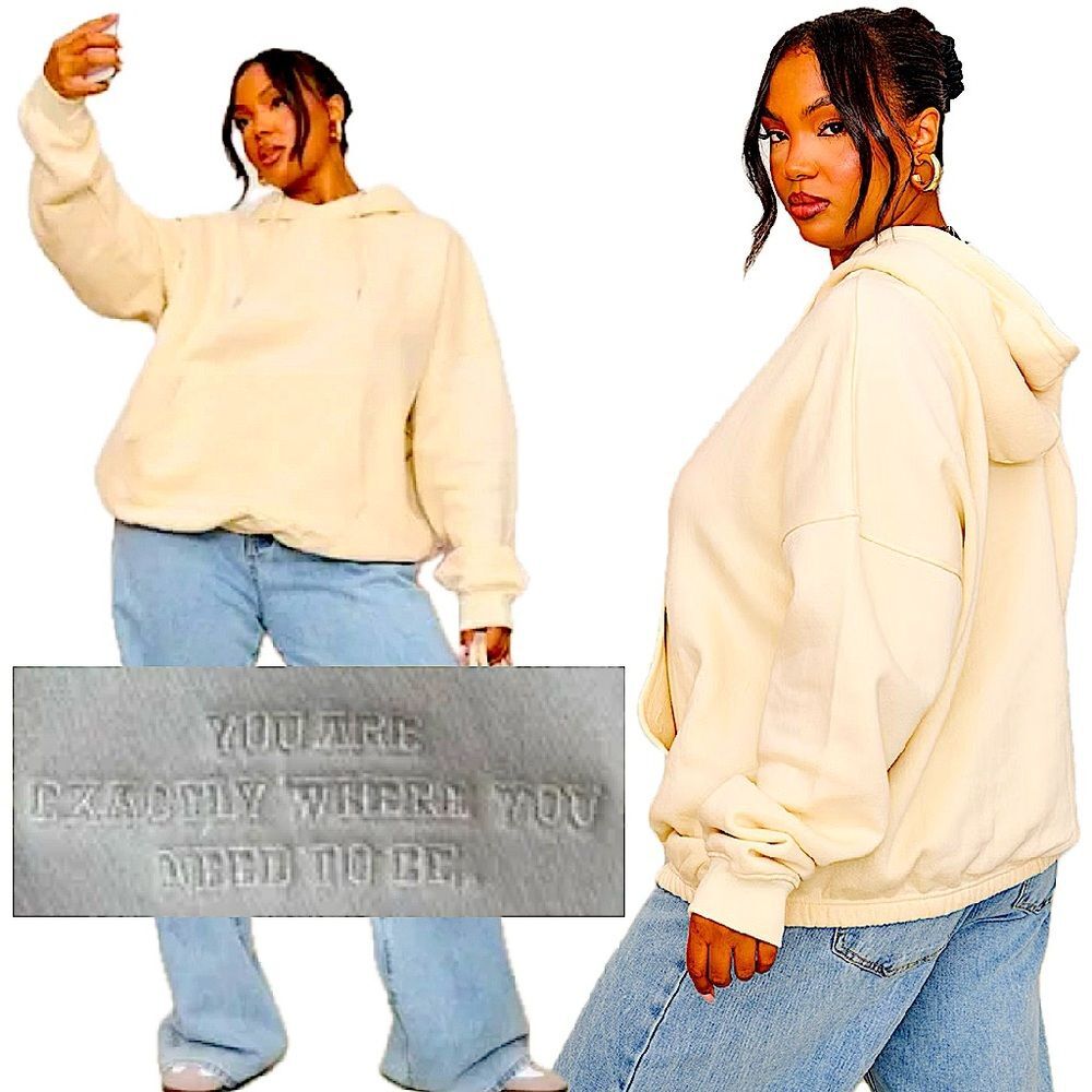 NWT Pretty Little Thing Plus Sand Recycled Slogan Oversized Hoodie Size XXL